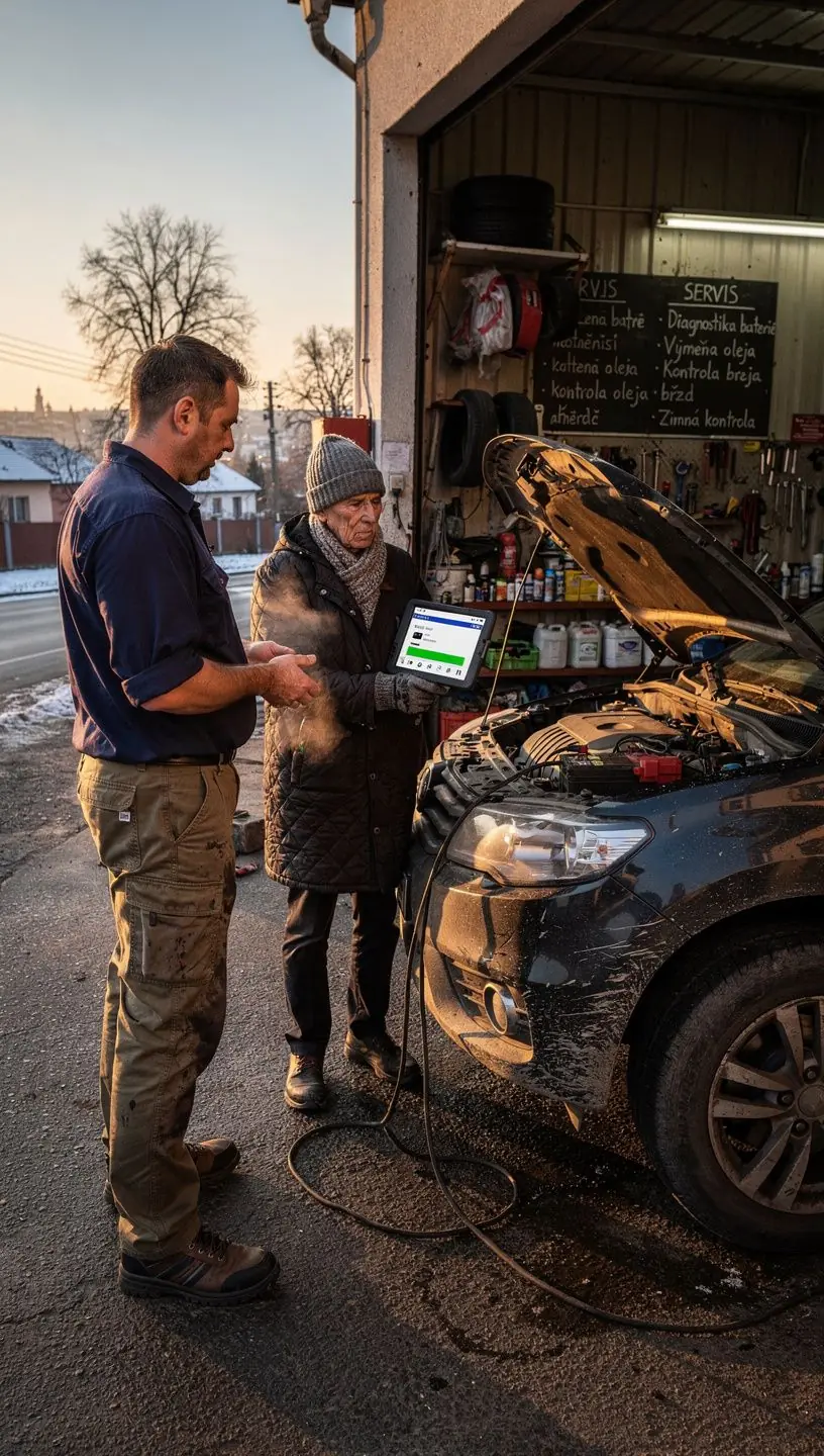 Technik kontroluje stav elektroinštalácie vozidla po zimnom období.