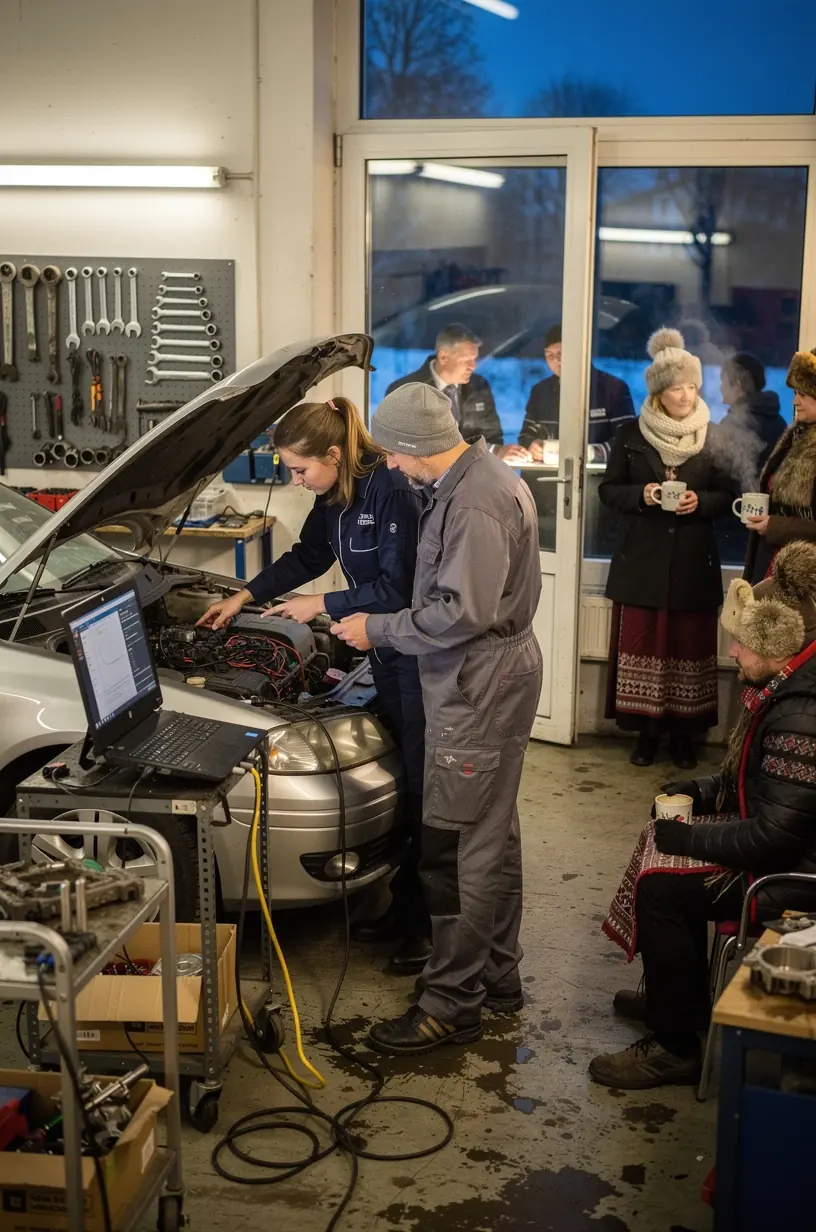 Meranie napätia batérie pomocou špecializovaného prístroja v autoservise.
